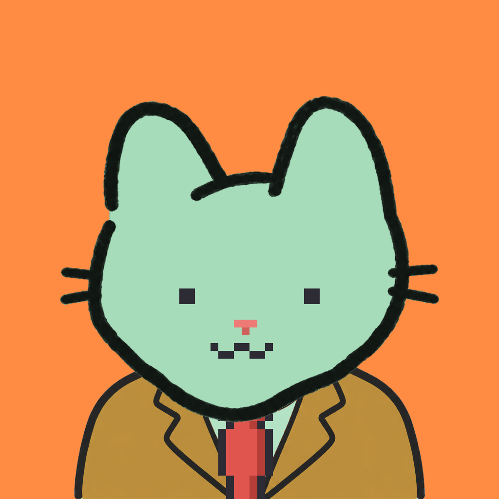Employee #1284 — a mint cat, in a mustard suit, with a red tie, on tangerine