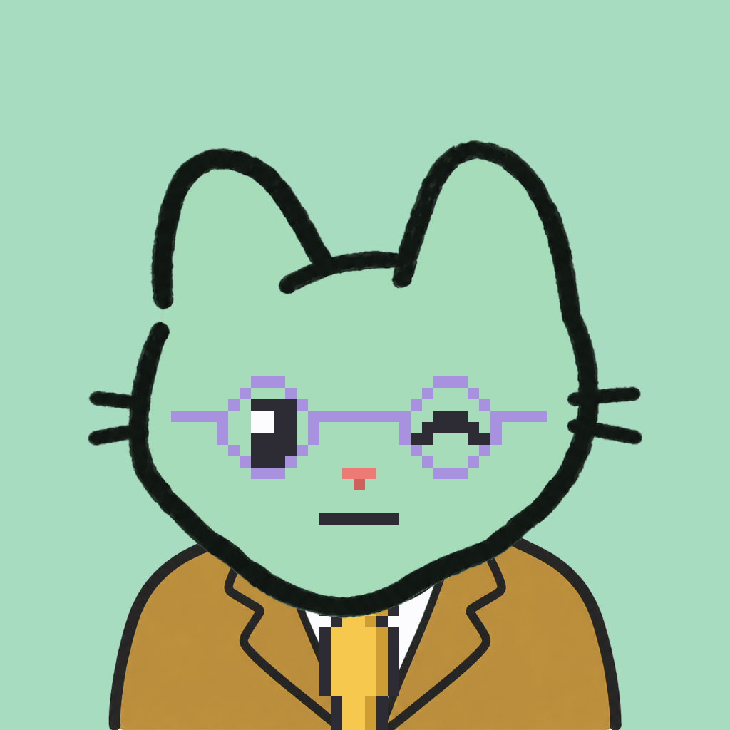 Employee #1285 — a mint cat, in a mustard suit, with a gold tie, wearing round-lavender glasses, on mint