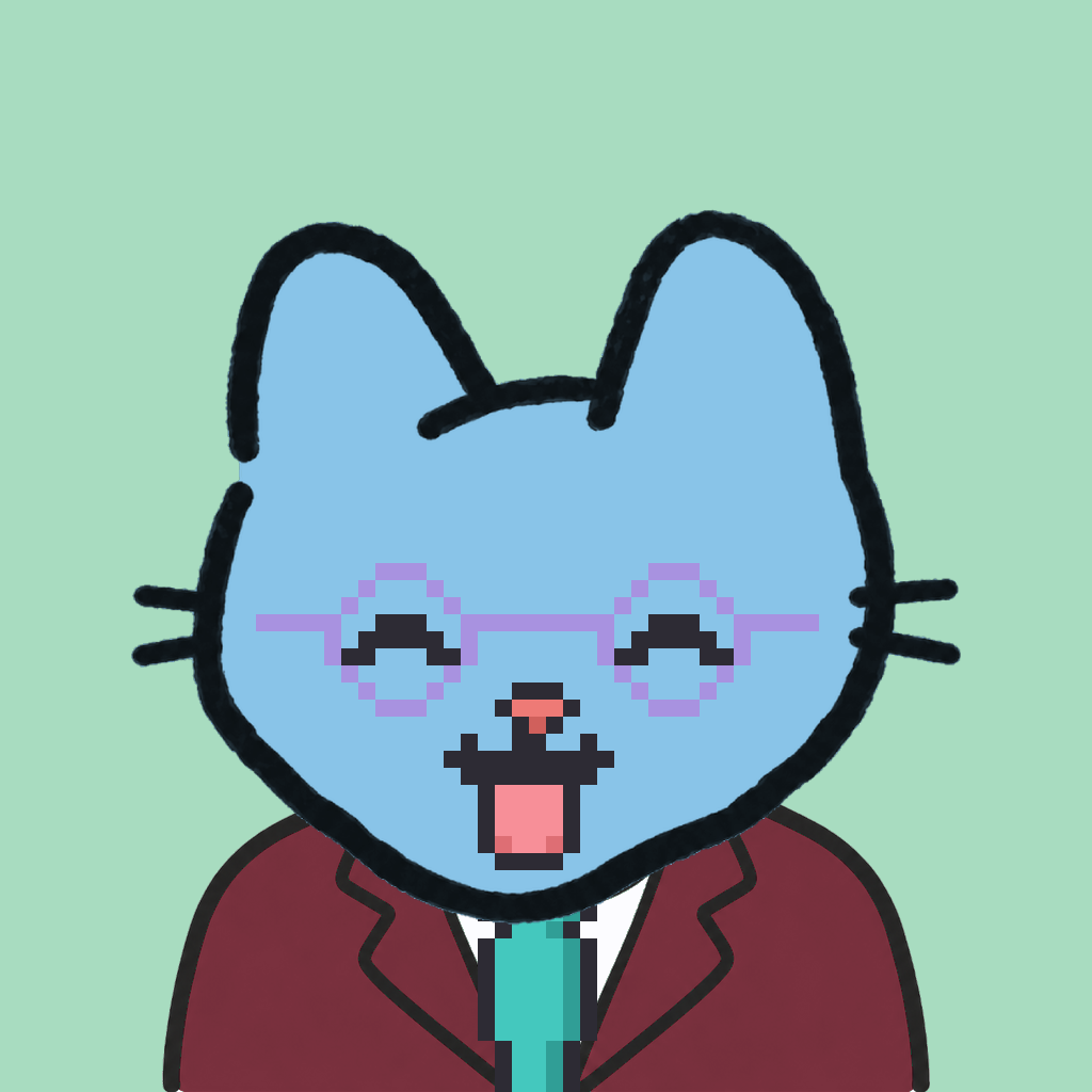 Employee #1286 — a sky cat, in a burgundy suit, with a teal tie, wearing round-lavender glasses, on mint