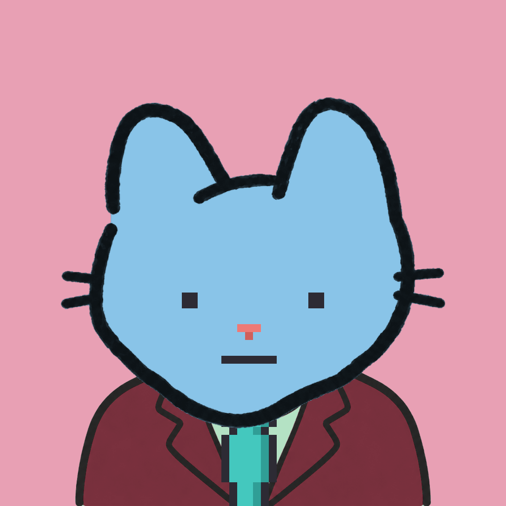 Employee #1287 — a sky cat, in a burgundy suit, with a teal tie, on rose