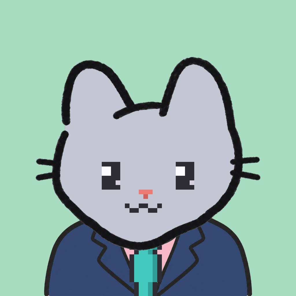 Employee #1288 — a gray cat, in a navy suit, with a teal tie, on mint