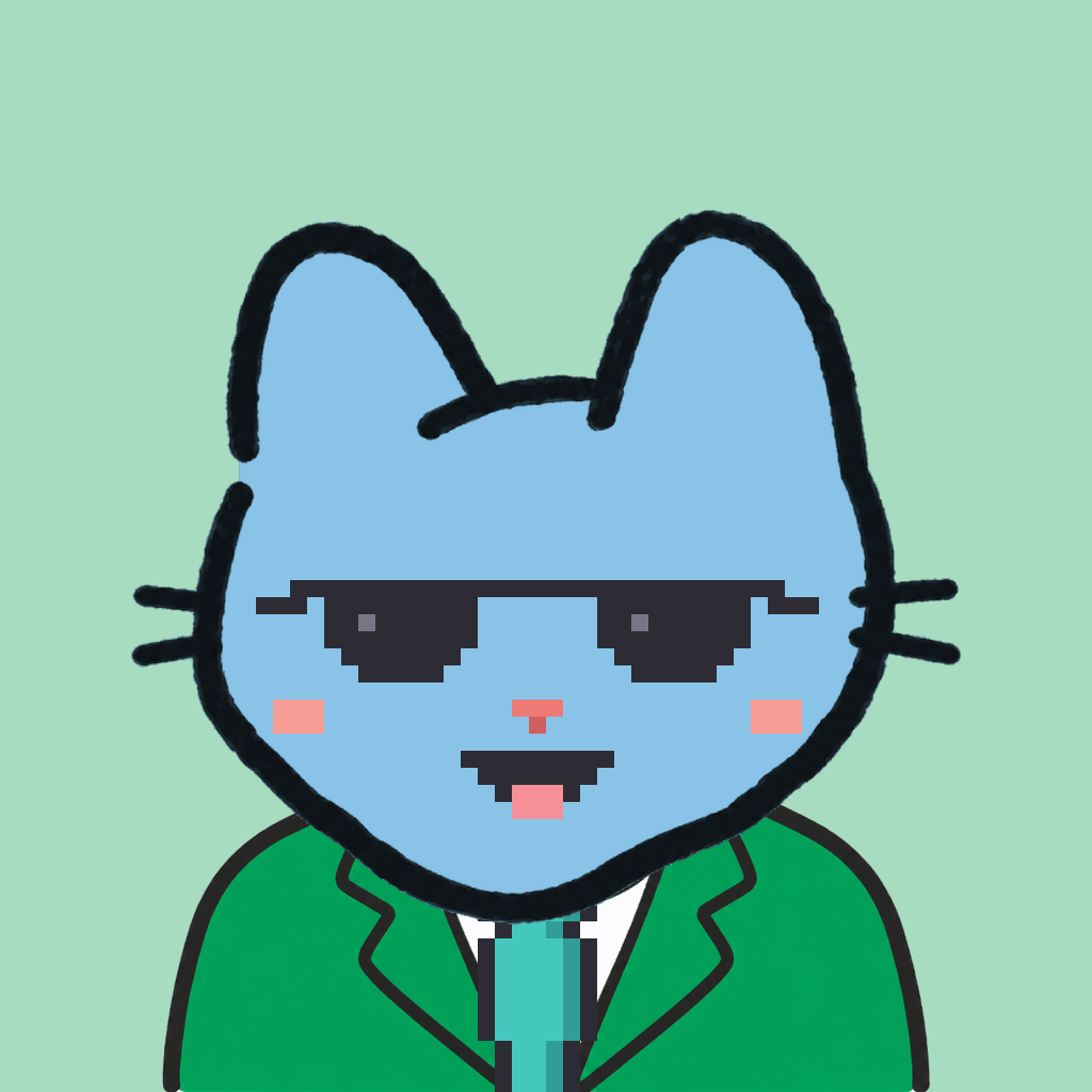 Employee #1289 — a sky cat, in a green suit, with a teal tie, wearing shades glasses, on mint