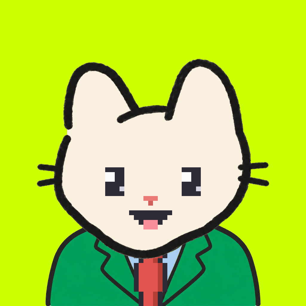 Employee #0129 — a cream cat, in a green suit, with a red tie, on volt