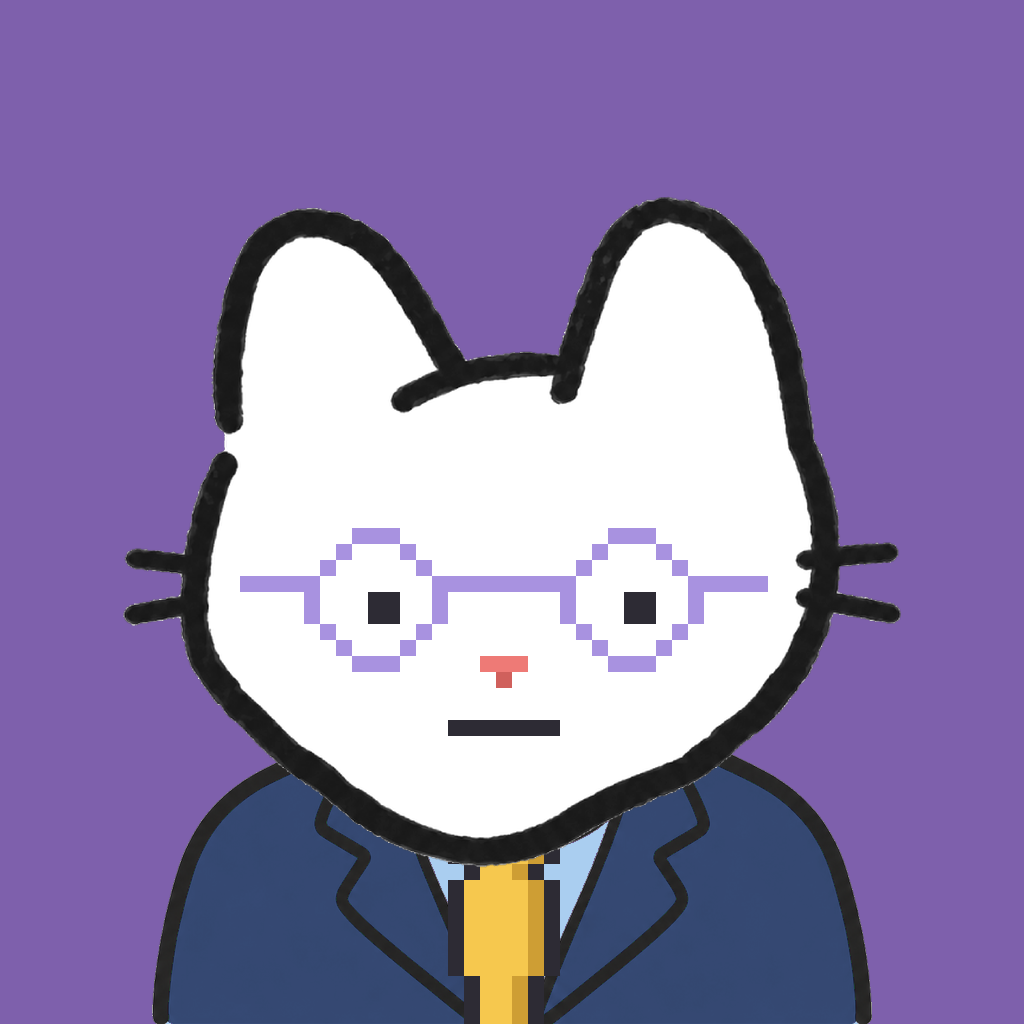 Employee #1291 — a white cat, in a navy suit, with a gold tie, wearing round-lavender glasses, on plasma violet