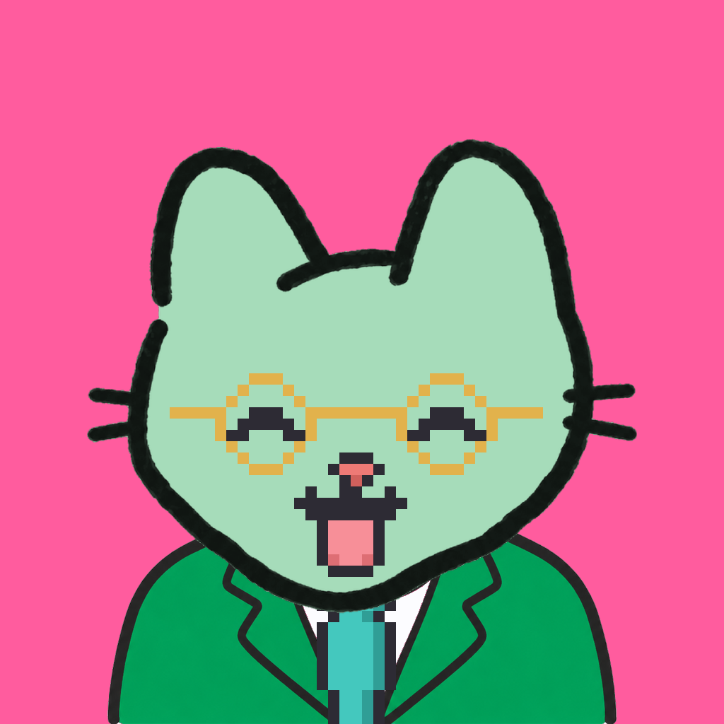 Employee #1292 — a mint cat, in a green suit, with a teal tie, wearing round-gold glasses, on hot pink