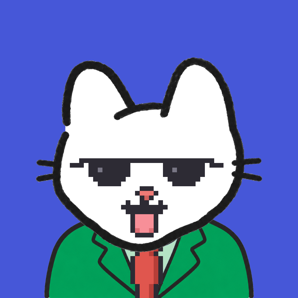 Employee #1293 — a white cat, in a green suit, with a red tie, wearing shades glasses, on royal