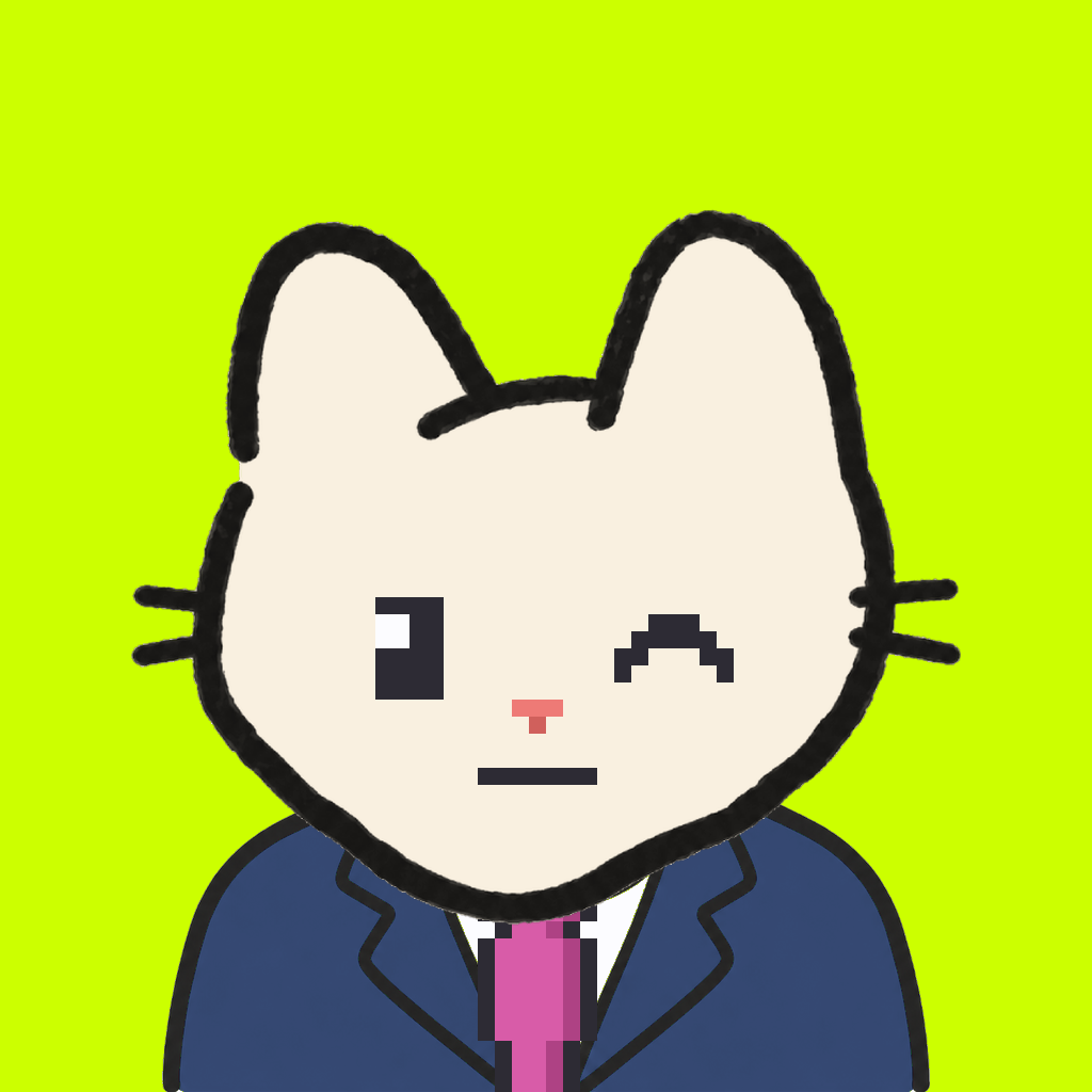Employee #1294 — a cream cat, in a navy suit, with a magenta tie, on volt