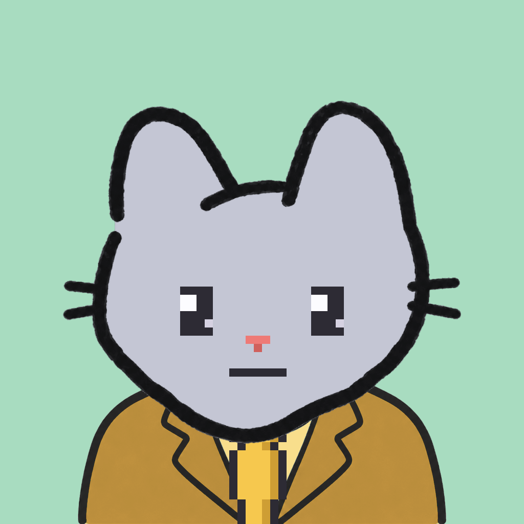 Employee #1295 — a gray cat, in a mustard suit, with a gold tie, on mint