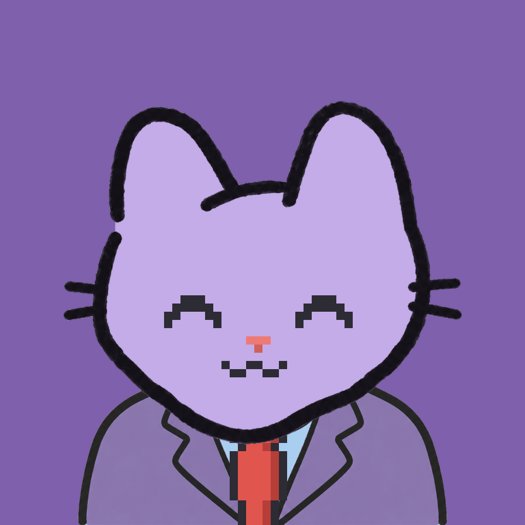 Employee #1296 — a lavender cat, in a lavender suit, with a red tie, on plasma violet
