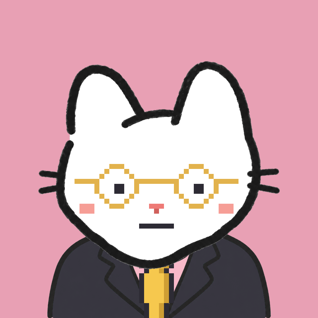 Employee #1297 — a white cat, in a black suit, with a gold tie, wearing round-gold glasses, on rose