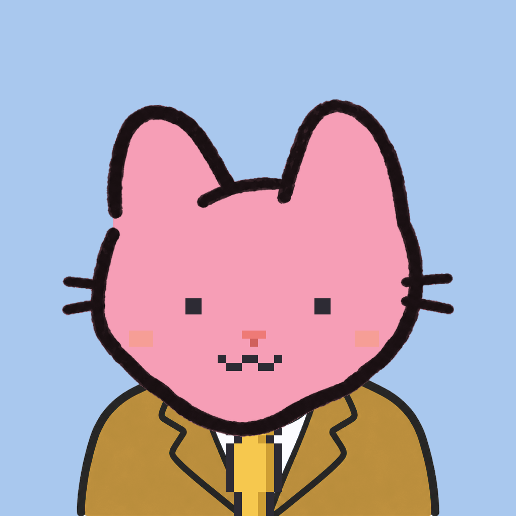 Employee #1298 — a pink cat, in a mustard suit, with a gold tie, on sky
