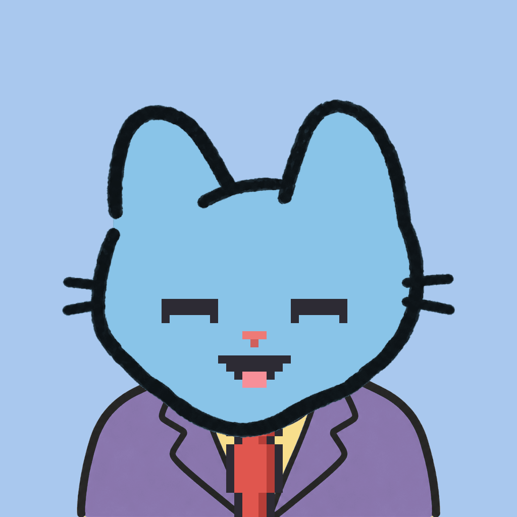 Employee #1299 — a sky cat, in a lavender suit, with a red tie, on sky