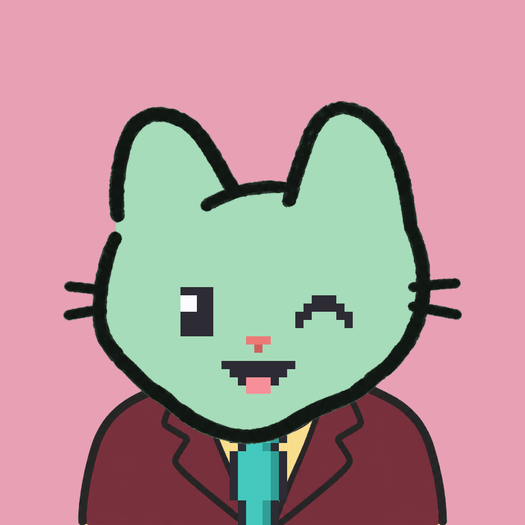Employee #0013 — a mint cat, in a burgundy suit, with a teal tie, on rose