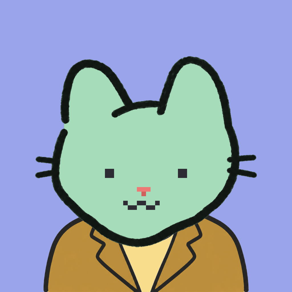 Employee #0130 — a mint cat, in a mustard suit, on periwinkle