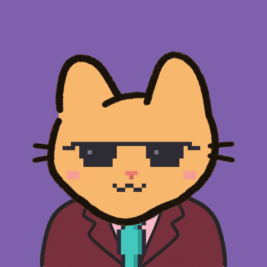 Employee #1300 — a tabby cat, in a burgundy suit, with a teal tie, wearing shades glasses, on plasma violet