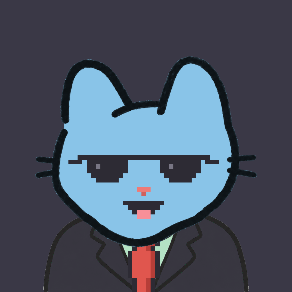 Employee #1301 — a sky cat, in a black suit, with a red tie, wearing shades glasses, on charcoal