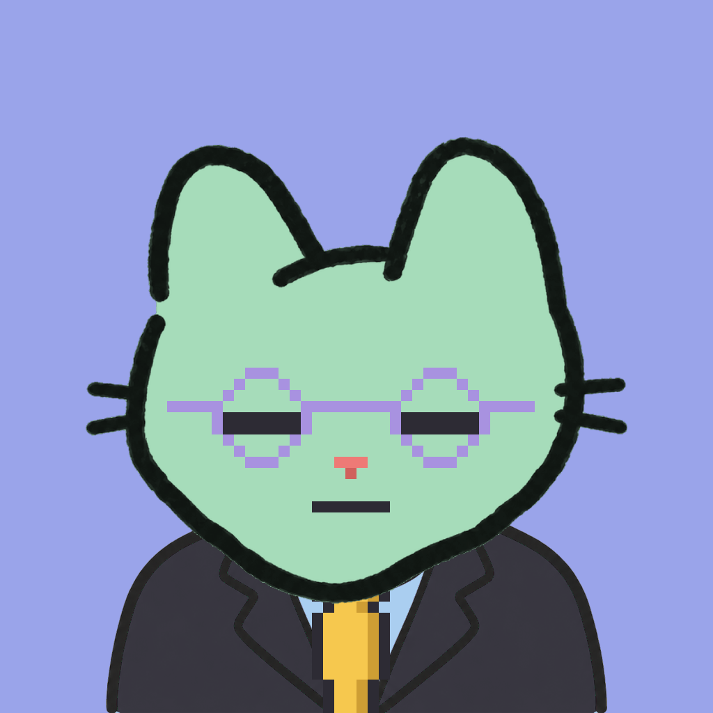 Employee #1302 — a mint cat, in a black suit, with a gold tie, wearing round-lavender glasses, on periwinkle