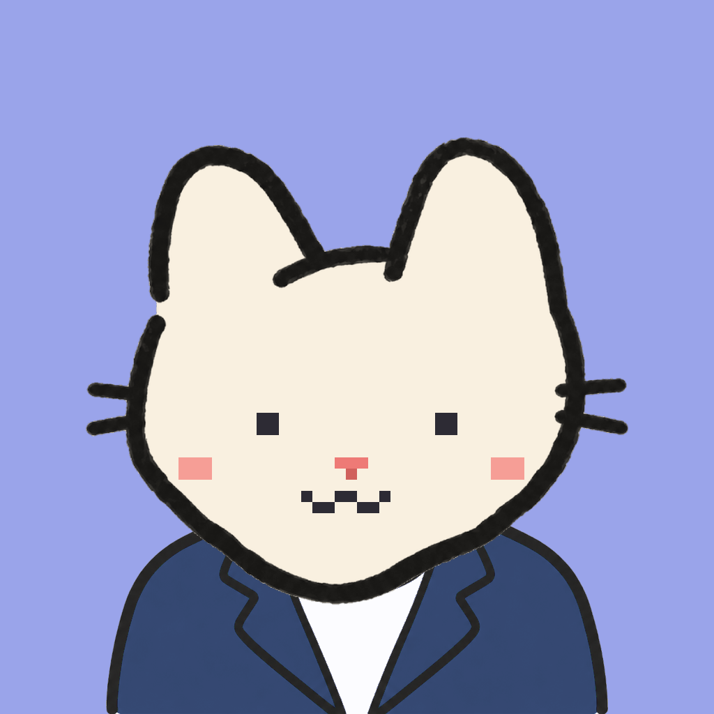 Employee #1303 — a cream cat, in a navy suit, on periwinkle