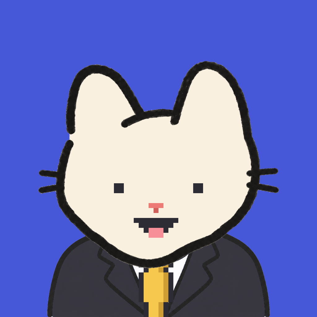 Employee #1304 — a cream cat, in a black suit, with a gold tie, on royal