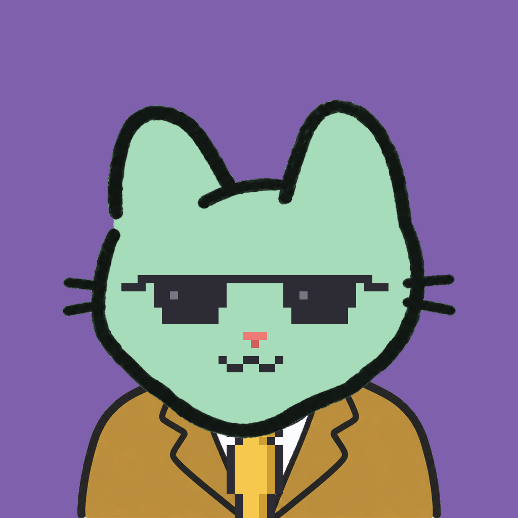 Employee #1305 — a mint cat, in a mustard suit, with a gold tie, wearing shades glasses, on plasma violet