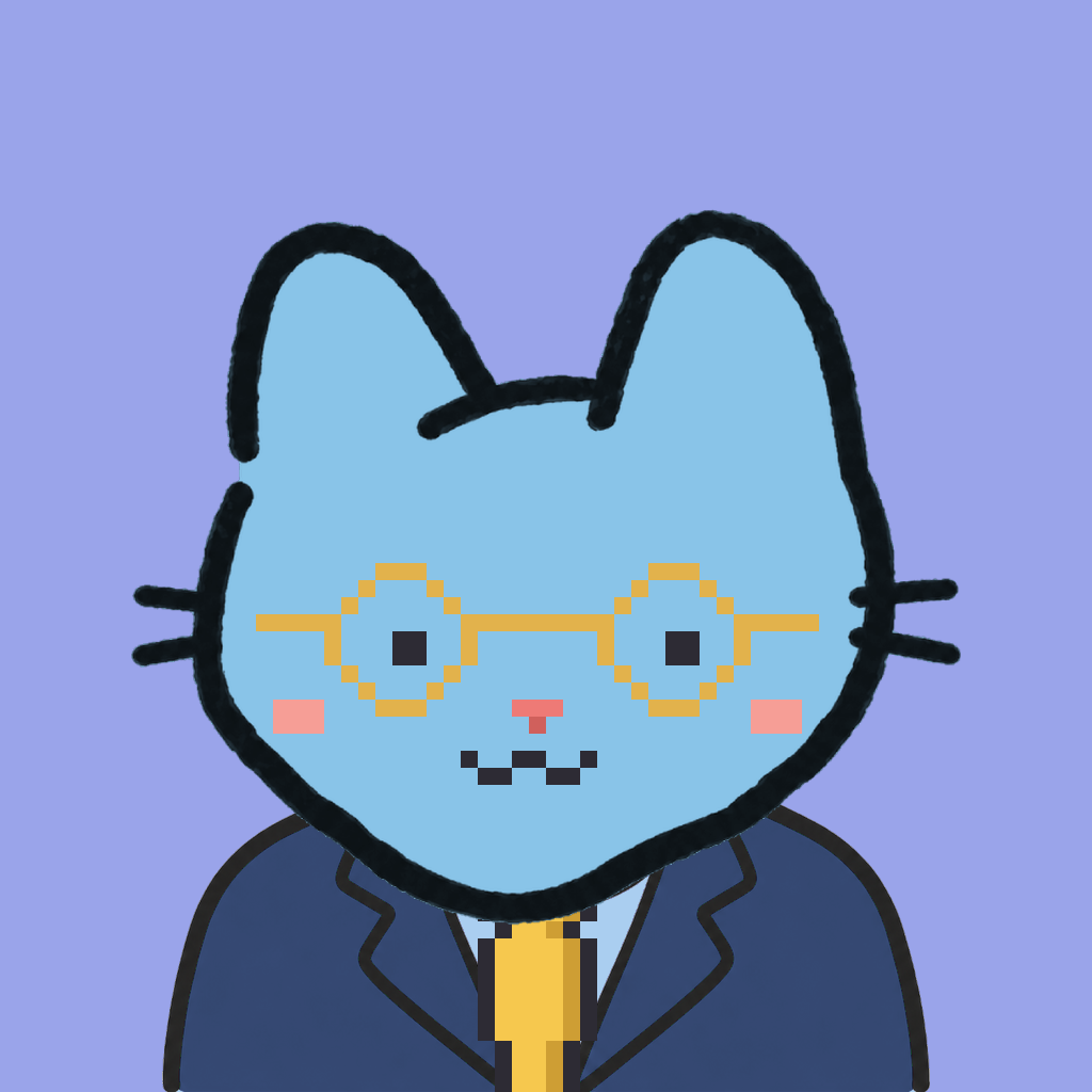 Employee #1306 — a sky cat, in a navy suit, with a gold tie, wearing round-gold glasses, on periwinkle