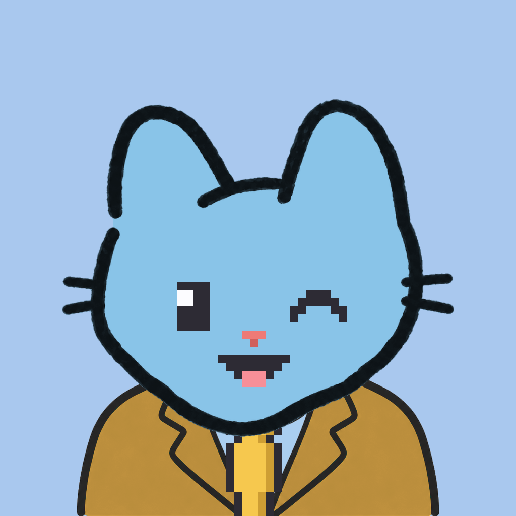 Employee #1307 — a sky cat, in a mustard suit, with a gold tie, on sky