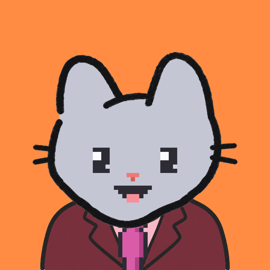 Employee #1308 — a gray cat, in a burgundy suit, with a magenta tie, on tangerine