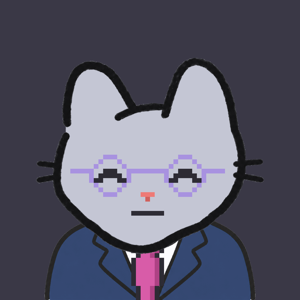 Employee #1309 — a gray cat, in a navy suit, with a magenta tie, wearing round-lavender glasses, on charcoal