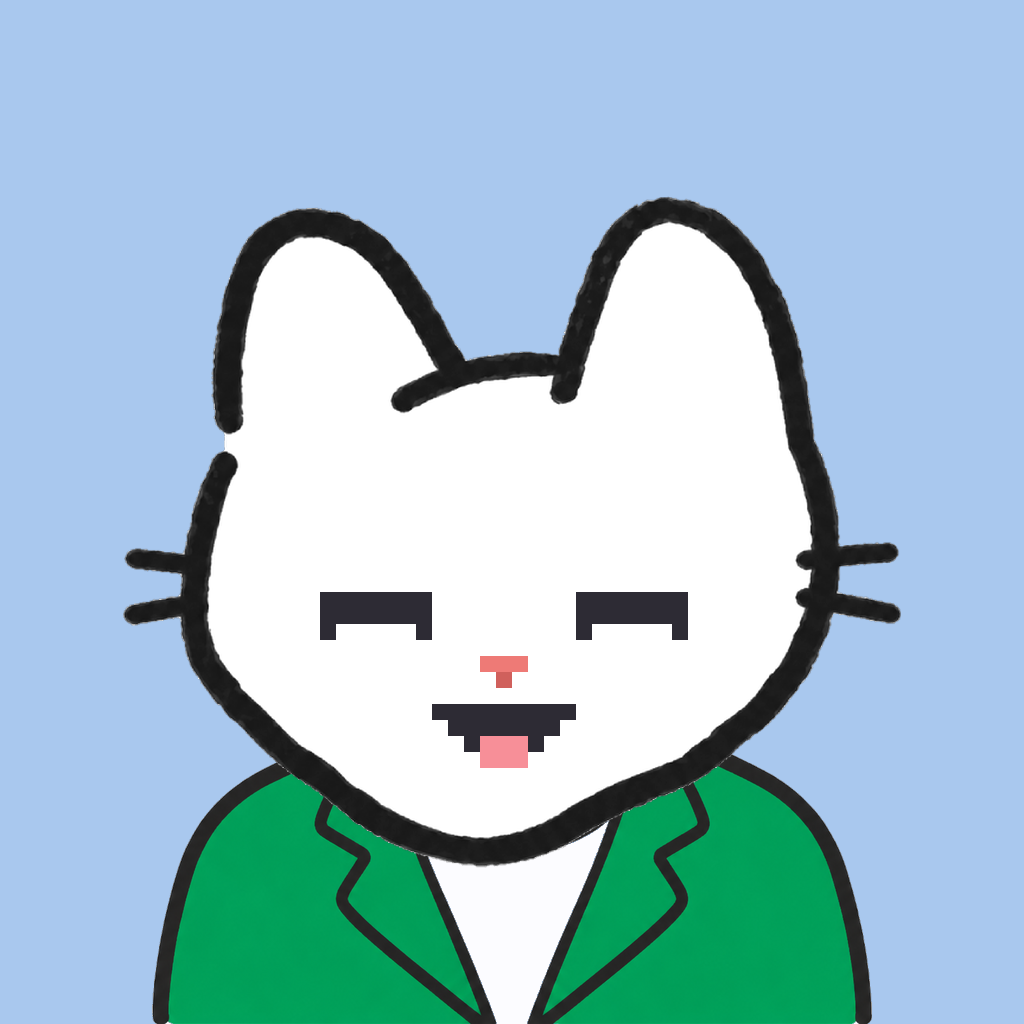 Employee #0131 — a white cat, in a green suit, on sky