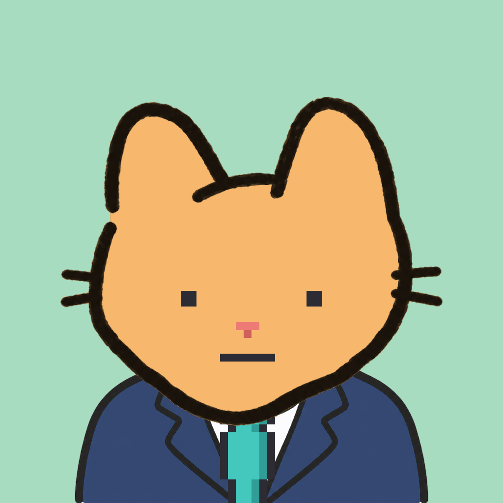 Employee #1310 — a tabby cat, in a navy suit, with a teal tie, on mint