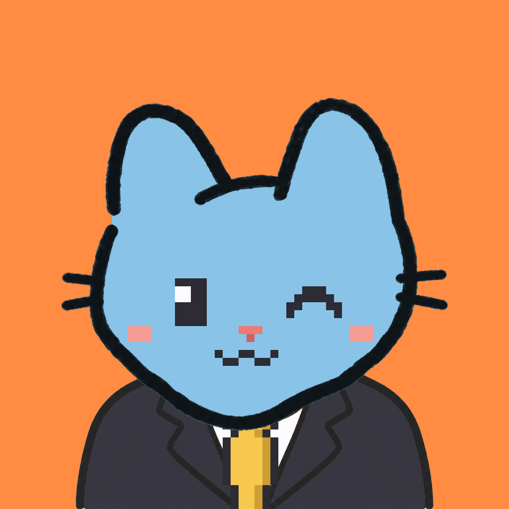 Employee #1311 — a sky cat, in a black suit, with a gold tie, on tangerine