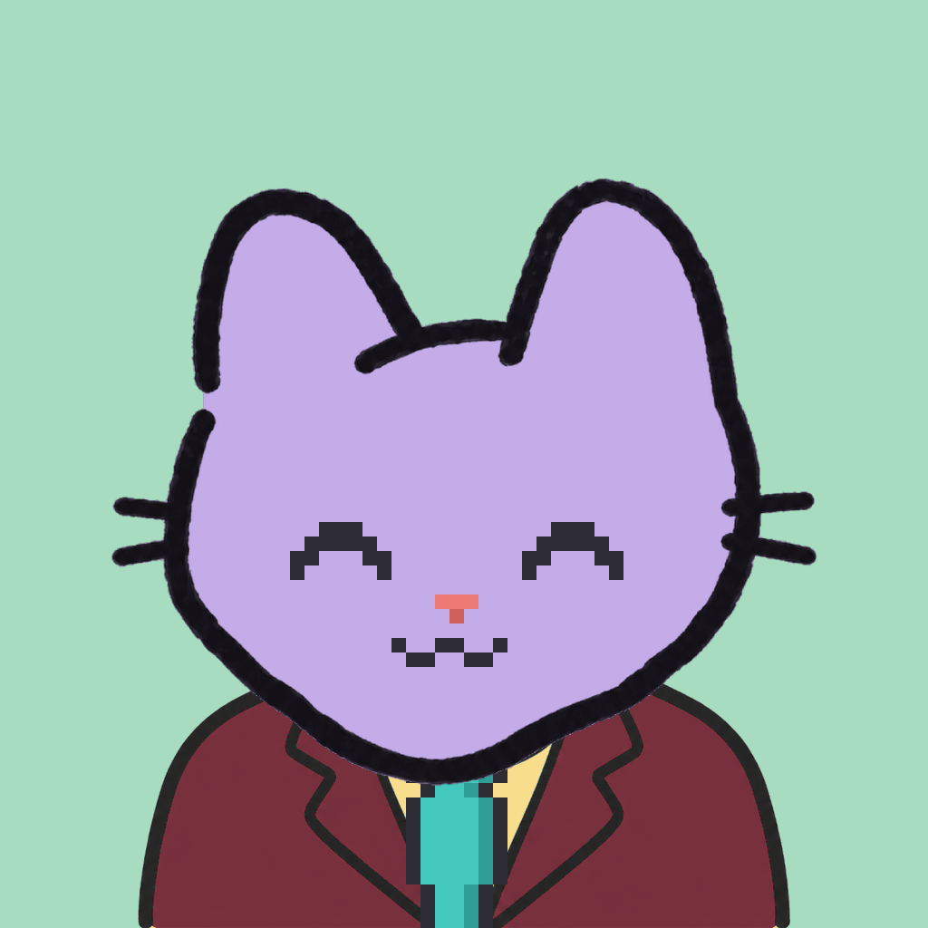 Employee #1312 — a lavender cat, in a burgundy suit, with a teal tie, on mint