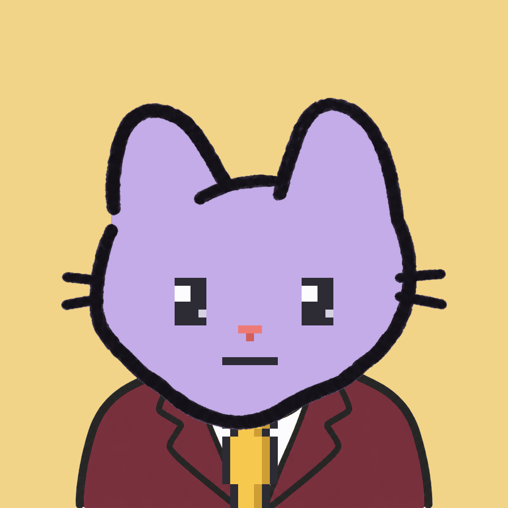 Employee #1313 — a lavender cat, in a burgundy suit, with a gold tie, on butter