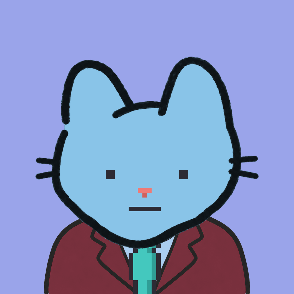 Employee #1314 — a sky cat, in a burgundy suit, with a teal tie, on periwinkle