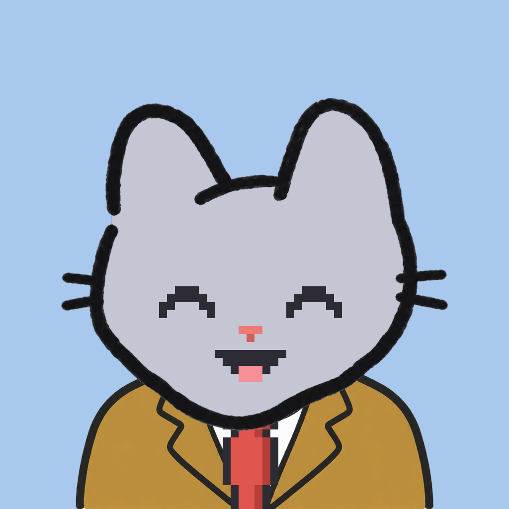 Employee #1315 — a gray cat, in a mustard suit, with a red tie, on sky