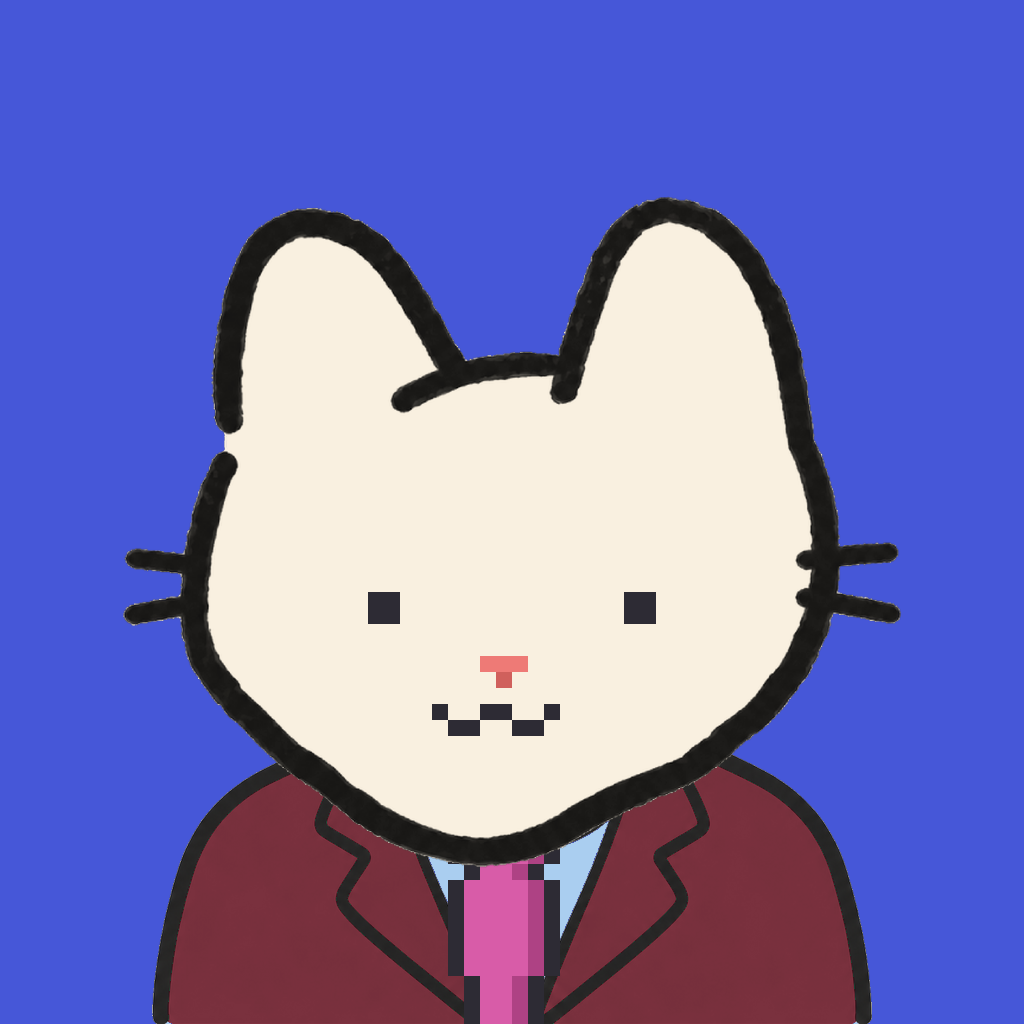 Employee #1317 — a cream cat, in a burgundy suit, with a magenta tie, on royal