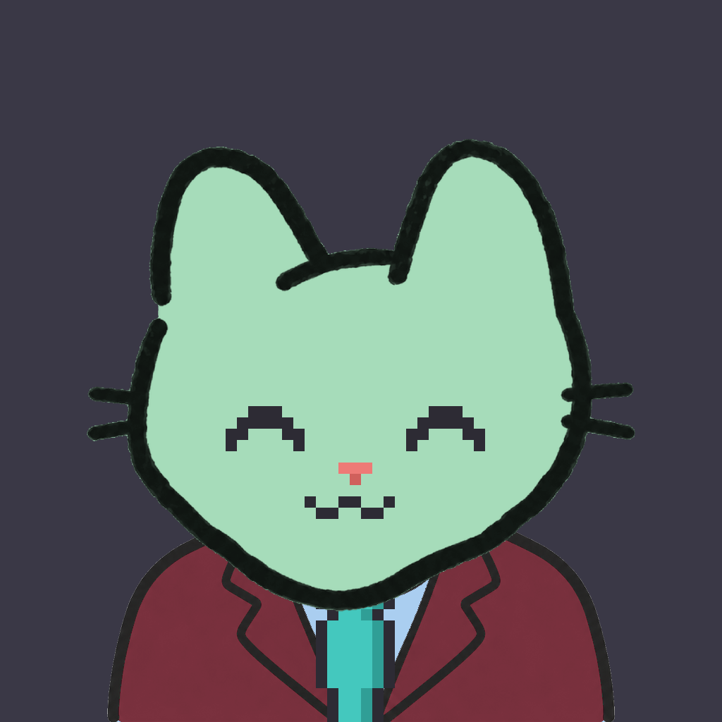 Employee #1318 — a mint cat, in a burgundy suit, with a teal tie, on charcoal