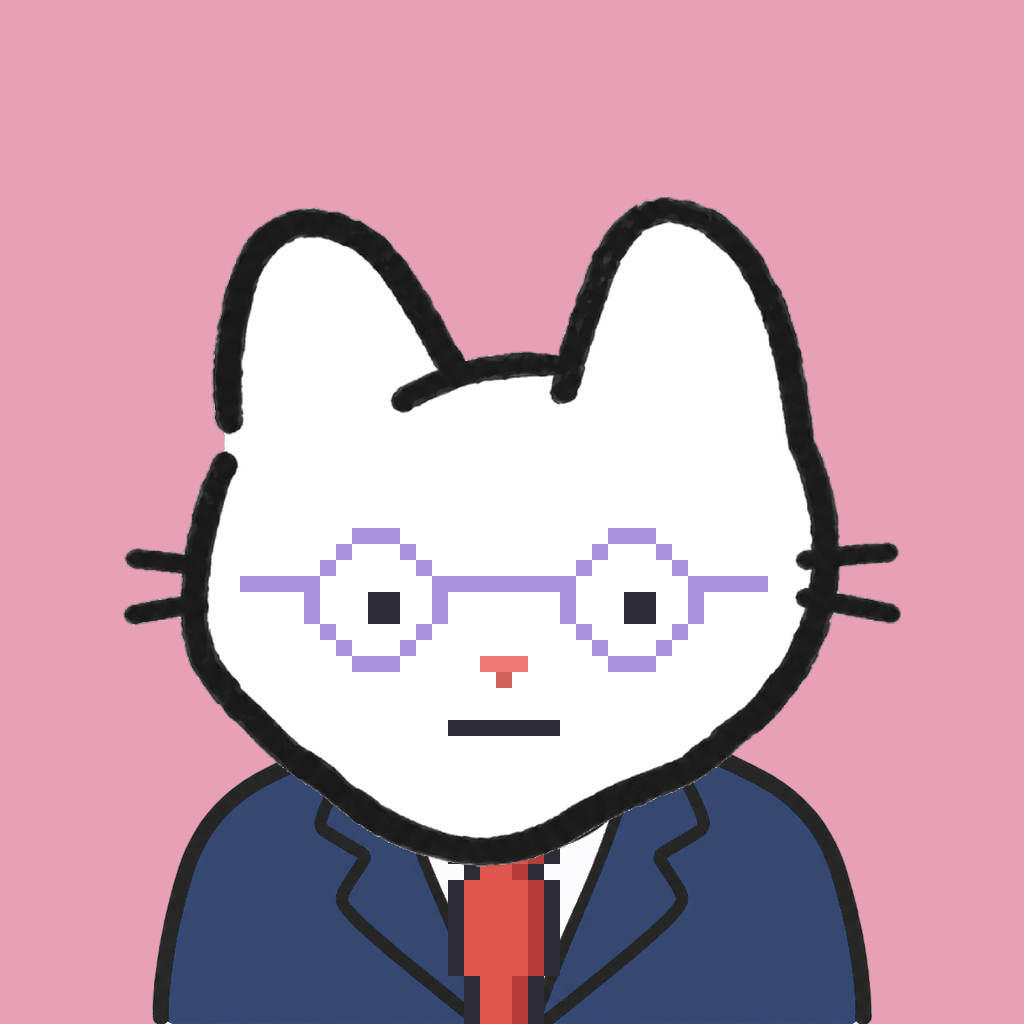Employee #1319 — a white cat, in a navy suit, with a red tie, wearing round-lavender glasses, on rose