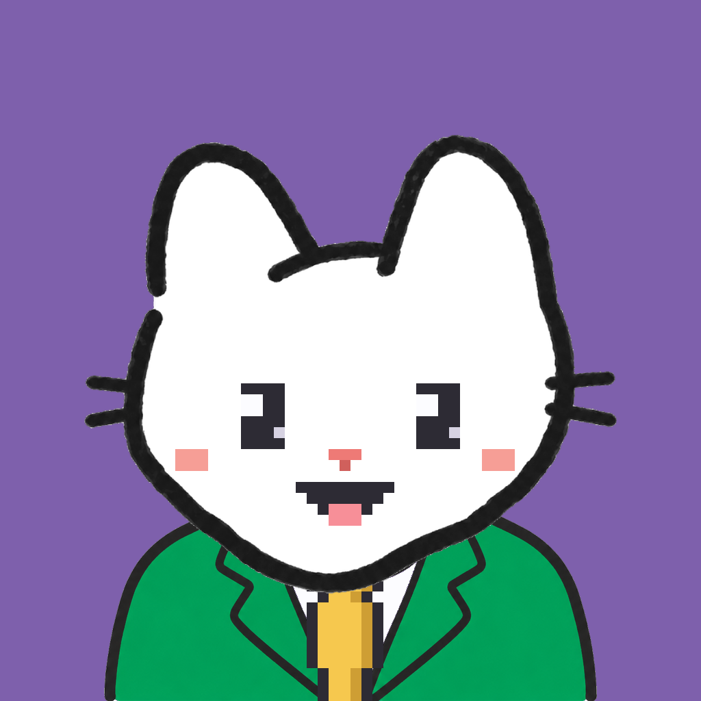 Employee #0132 — a white cat, in a green suit, with a gold tie, on plasma violet