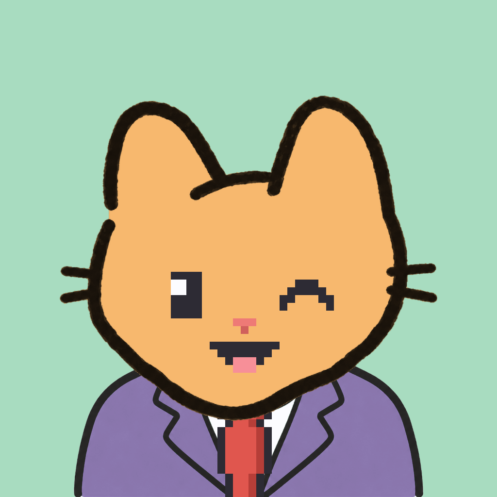 Employee #1320 — a tabby cat, in a lavender suit, with a red tie, on mint