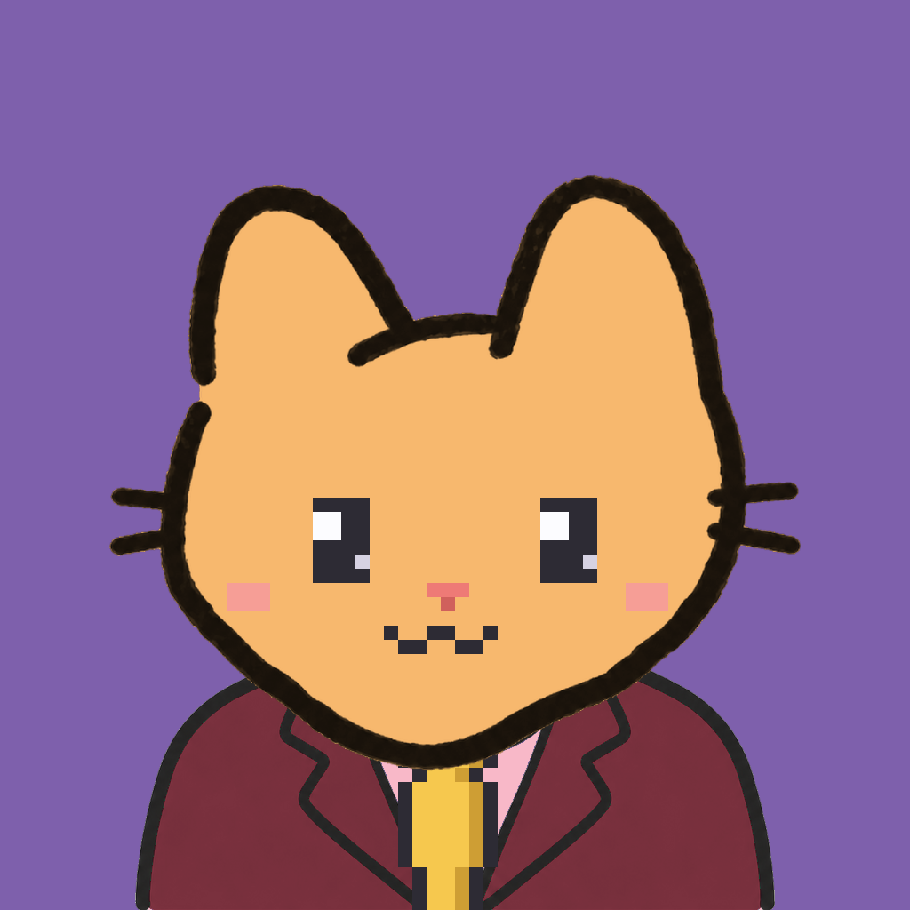 Employee #1321 — a tabby cat, in a burgundy suit, with a gold tie, on plasma violet