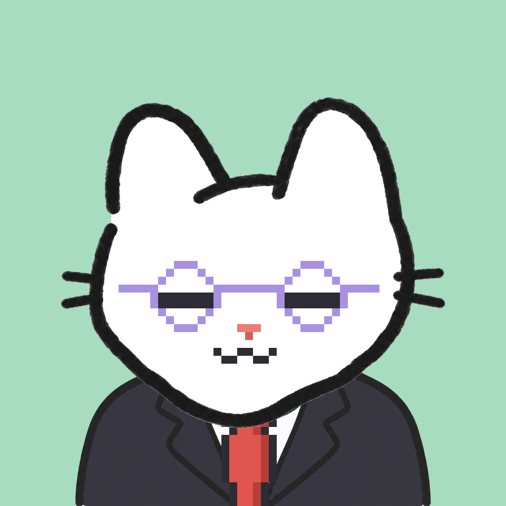 Employee #1322 — a white cat, in a black suit, with a red tie, wearing round-lavender glasses, on mint