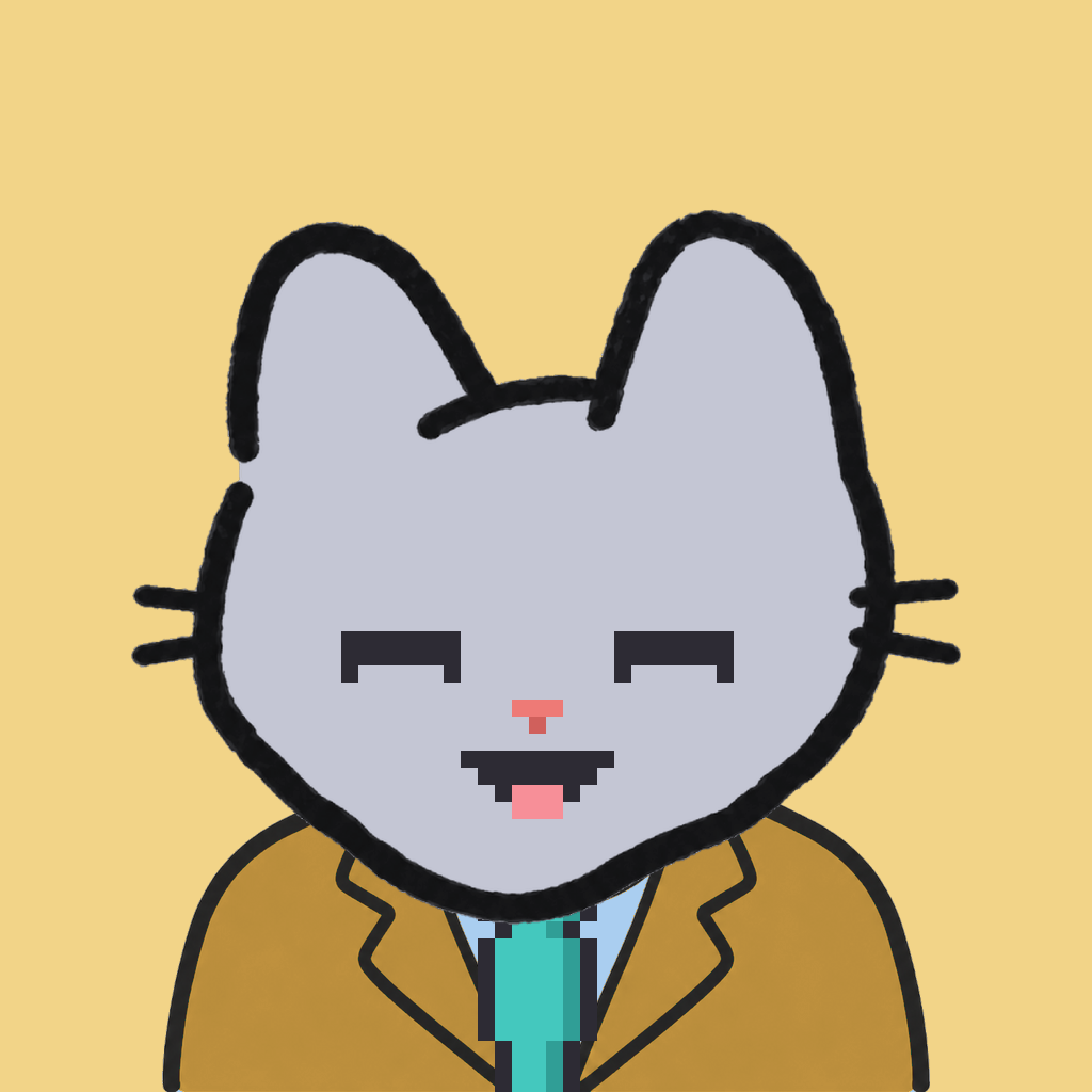 Employee #1323 — a gray cat, in a mustard suit, with a teal tie, on butter