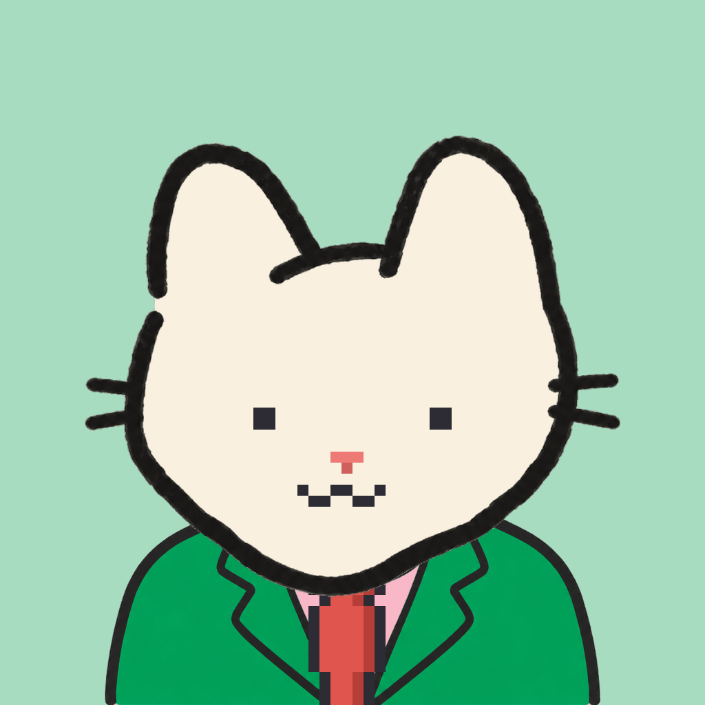 Employee #1324 — a cream cat, in a green suit, with a red tie, on mint