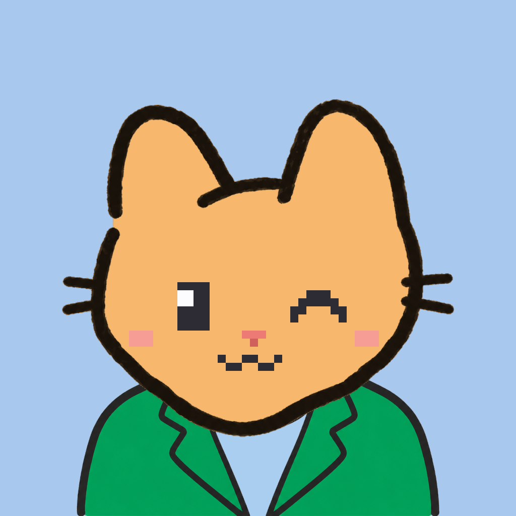 Employee #1325 — a tabby cat, in a green suit, on sky