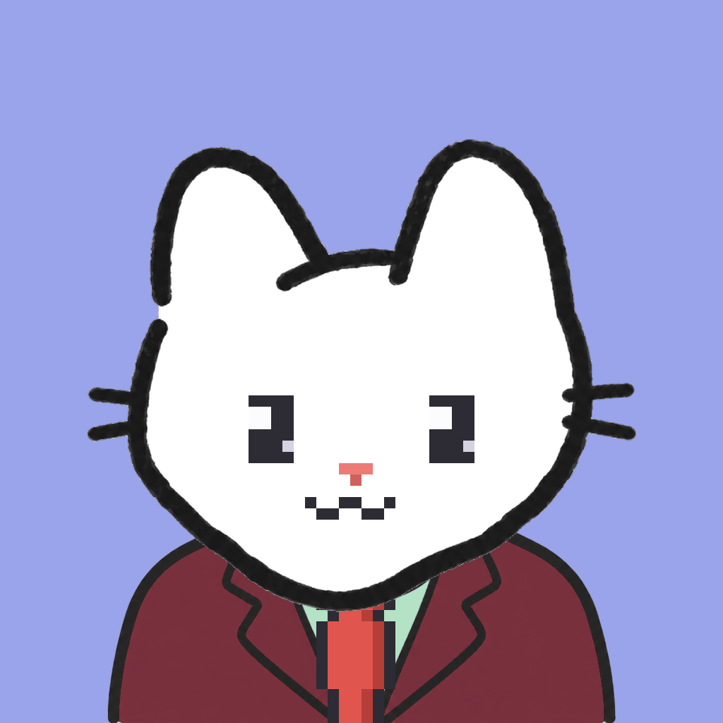 Employee #1326 — a white cat, in a burgundy suit, with a red tie, on periwinkle