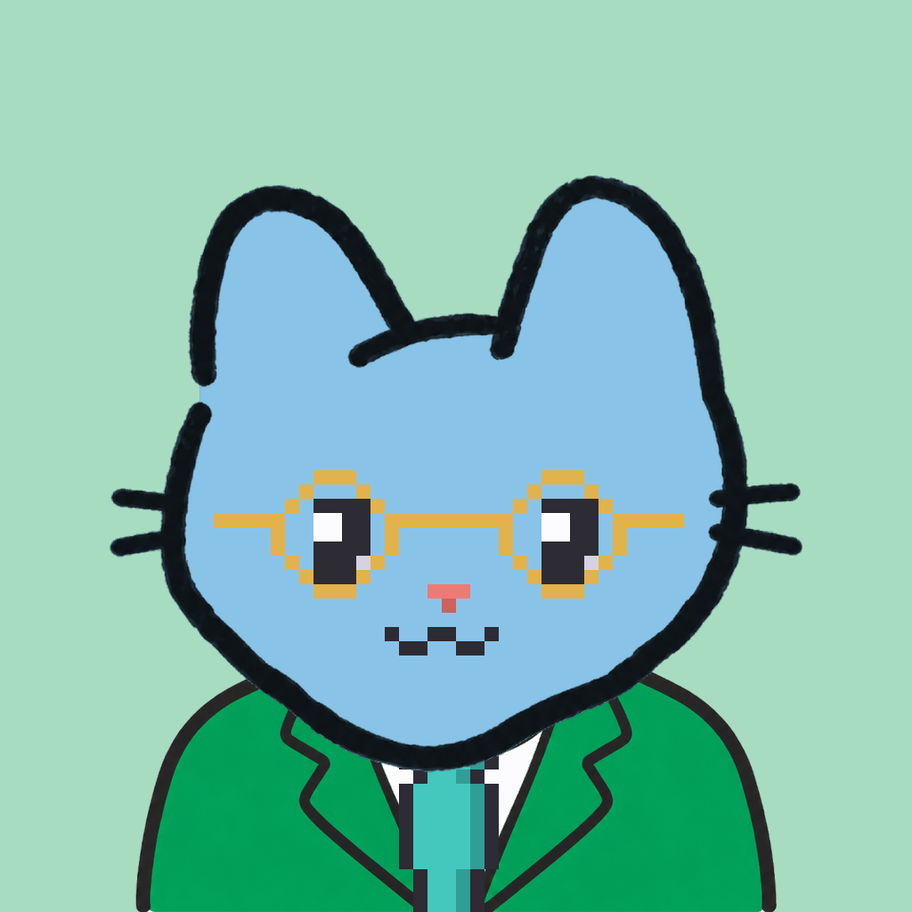 Employee #1327 — a sky cat, in a green suit, with a teal tie, wearing round-gold glasses, on mint