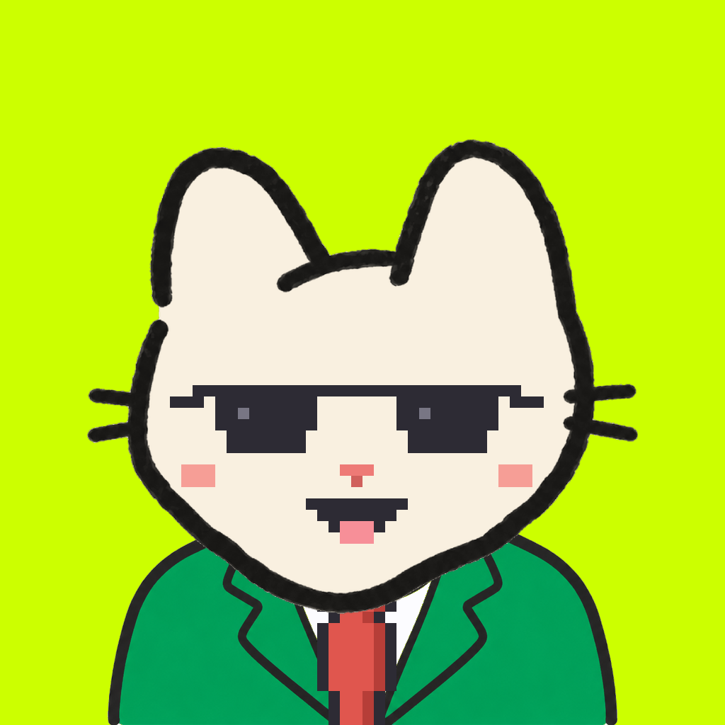 Employee #1328 — a cream cat, in a green suit, with a red tie, wearing shades glasses, on volt