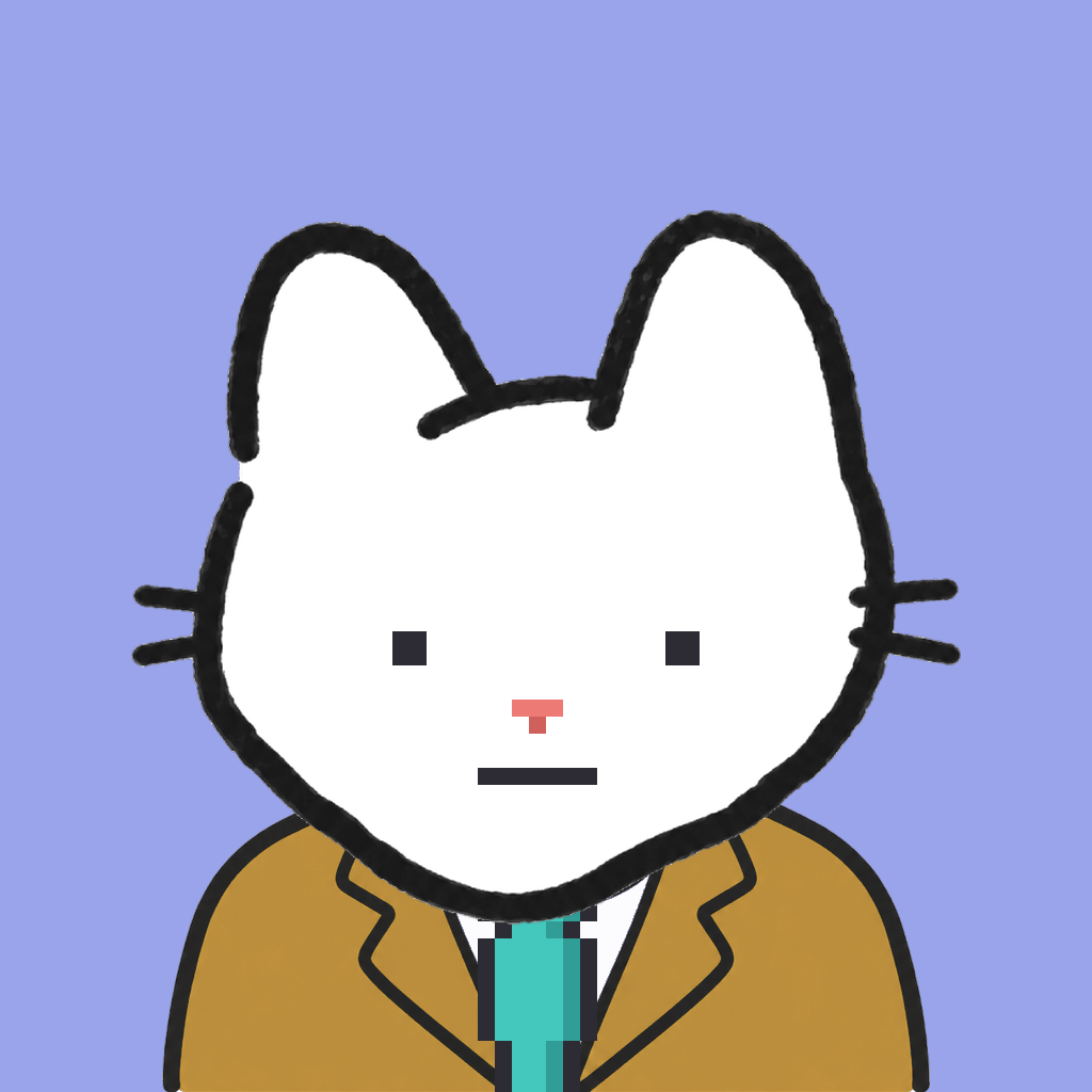 Employee #1329 — a white cat, in a mustard suit, with a teal tie, on periwinkle