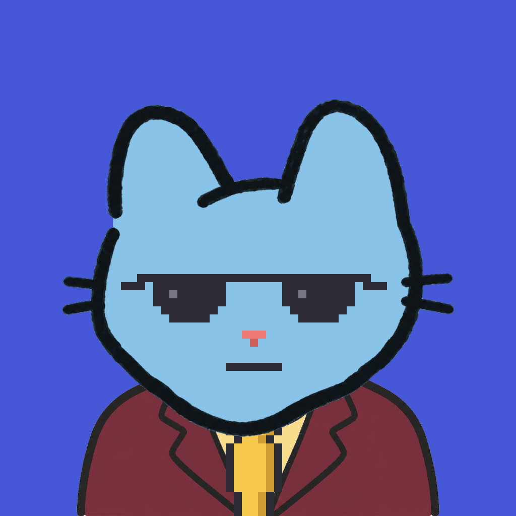 Employee #0133 — a sky cat, in a burgundy suit, with a gold tie, wearing shades glasses, on royal
